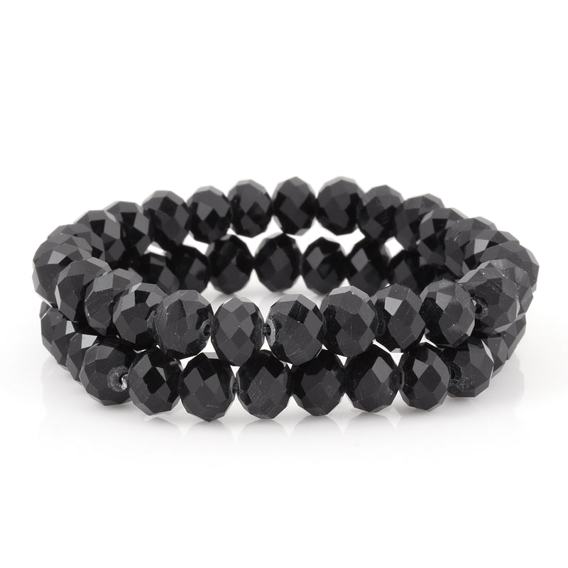 Black Faceted Beads Set Of 2 Stretch Bracekets