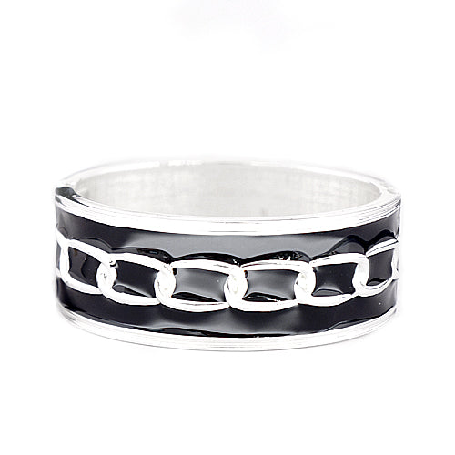 Silver Chain Design Black Enamel Hinged Bracelet