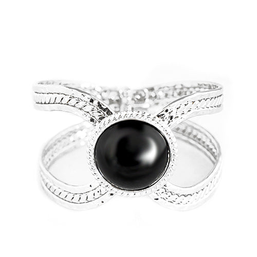Black Round Bead Accent Silver Hinged Bracelet