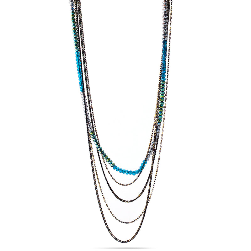 SILVER TEAL MIXED BEAD FIVE-STRAND LONG NECKLACE