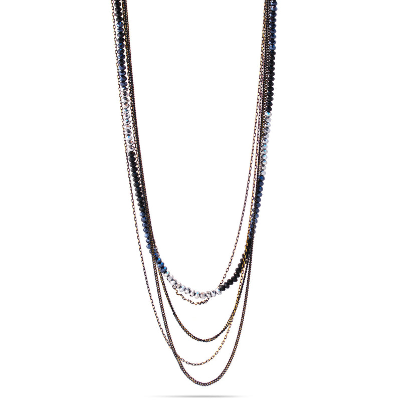 Jet and Silver Mixed Bead Five-Strand Long Necklace 