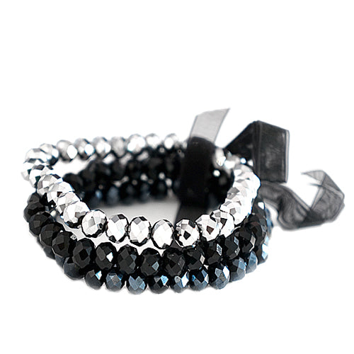 Jet Silver Mixed Glass Crystal with Black Bow Stretch Bracelet Set of 3pcs 