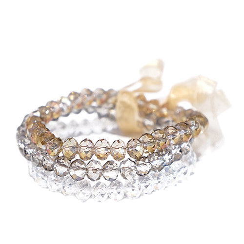 MIXED GLASS CRYSTAL WITH BEIGE BOW STRETCH BRACELET SET OF 3PCS