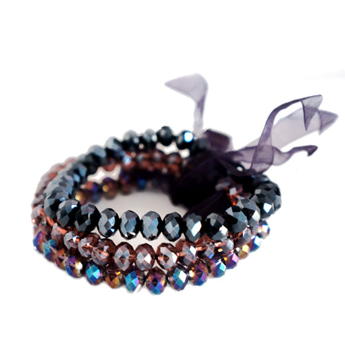 Purple Mixed Glass Crystal with Purple Bow Stretch Bracelet Set of 3pcs 