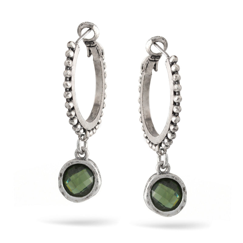Silver Hoop Green Crystal Drop Earrings