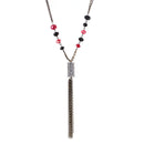 Black And Gold-Tone Metal Chain Red Black Bead White Crystal Tassel Necklace