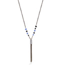 Black And Gold-Tone Metal Chain Blue Black Bead White Crystal Tassel Necklace