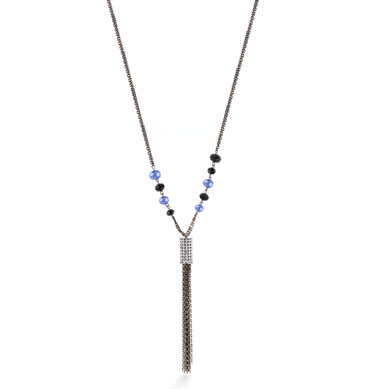 Black And Gold-Tone Metal Chain Blue Black Bead White Crystal Tassel Necklace