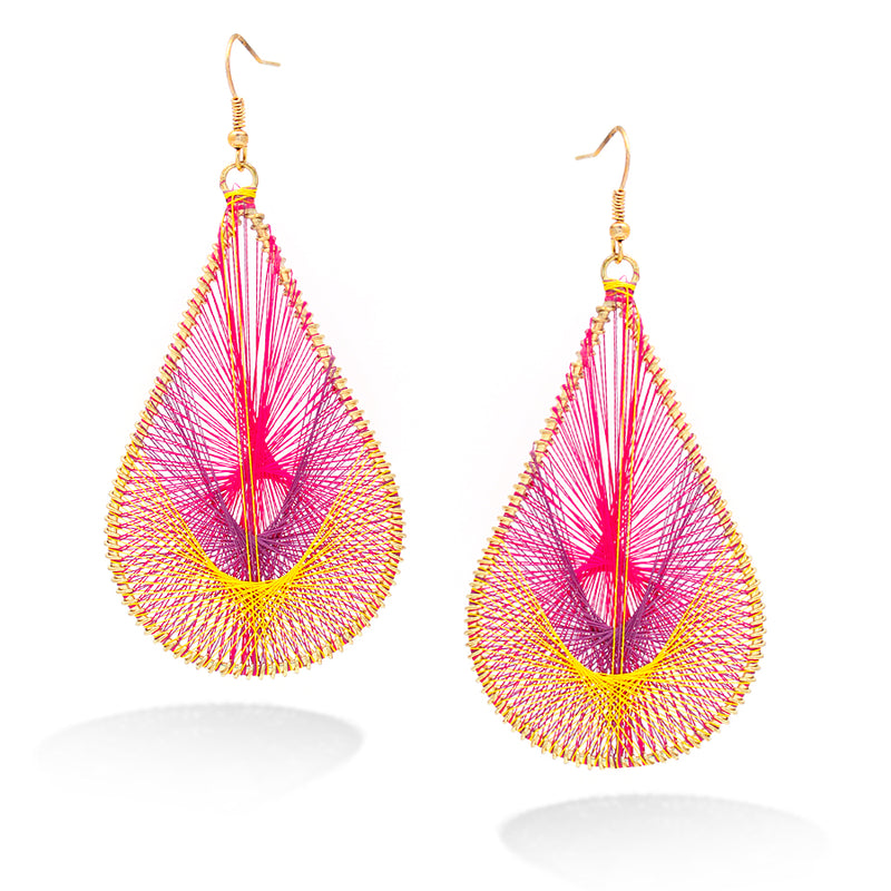 Gold-Tone Pink And Yellow Thread Teardrop Earrings