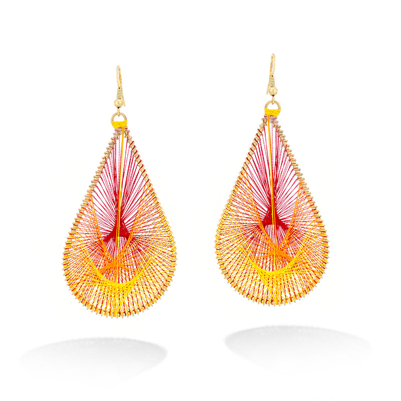 Gold-Tone Yellow And Burgundy Thred Tear Drop Earrings