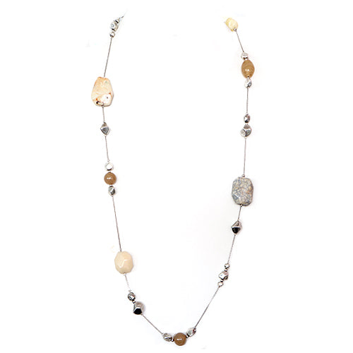 Natural Color Stone and Bead Silver Long Necklace