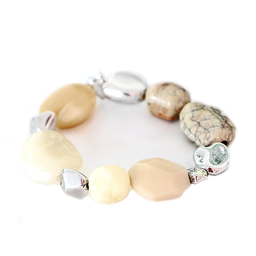 Natural Color Stone with Silver Metal Stretch Bracelet
