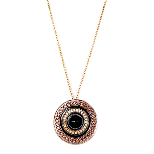 Black Round Bead with Copper and Gold Chain Round Pendant Long Necklace