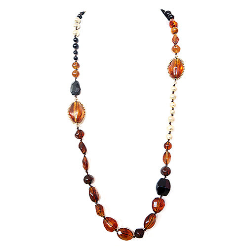 Amber Brown Black Gold Beaded Long Necklace