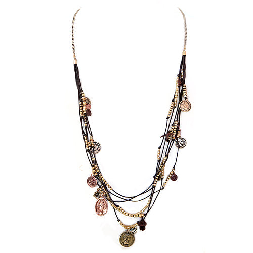 Gold and Copper Coin with Waxed Cotton Cord Multi Strand Necklace