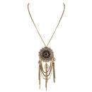 Delicate Flower with Rhinestone Gold Tassel Long Necklace