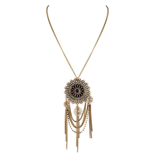 Delicate Flower with Rhinestone Gold Tassel Long Necklace