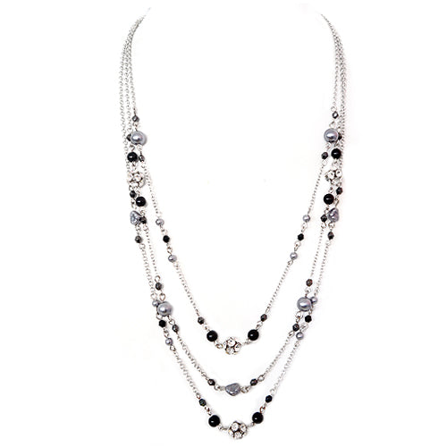 Gray and Black Mixed Bead with Clear Fireball Three-Strand Silver Necklace