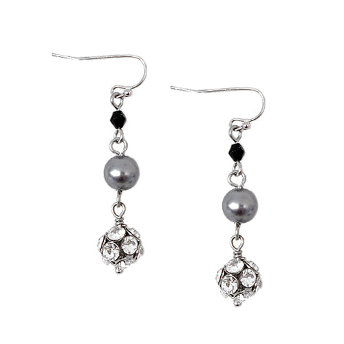 Gray and Black Mixed Bead with Clear Fireball Silver Dangle Earrings