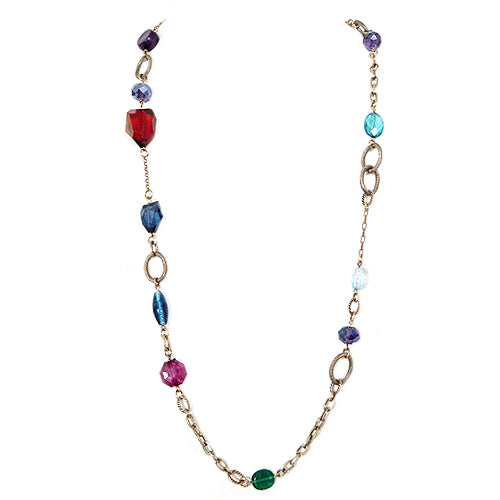 Red Green Purple Mixed Beaded Gold Chain Long Necklace