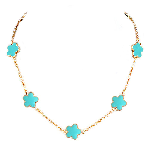 Turquoise Enamel Five Leaves Clover Gold Necklace