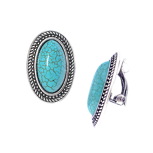 Oval Shaped Genuine Turquoise Clip-On Earrings 