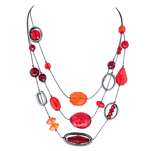 Red Multi Beads Three-Strand Hematite Necklace 