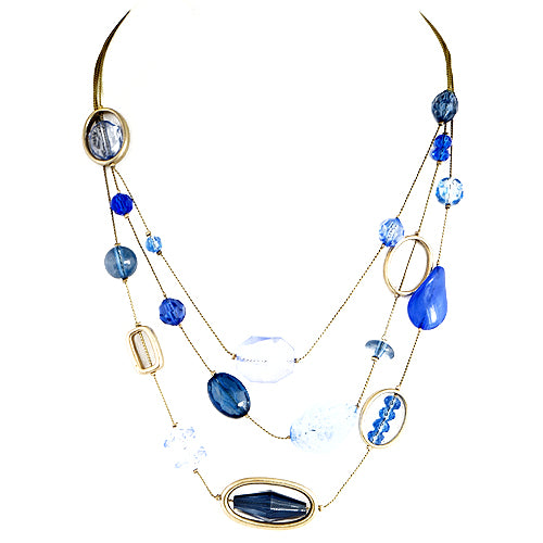 Blue Multi Beads Three-Strand Silver Necklace