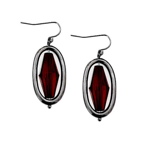Red Bead with Hematite Oval Shaped Earrings 