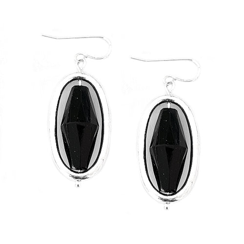 Jet Bead with Silver Oval Shaped Earrings