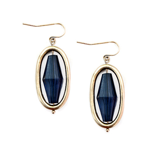 Blue Bead Gold Oval Shaped Earring