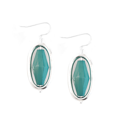 SILVER TURQUOISE BEAD SILVER OVAL SHAPED EARRINGS