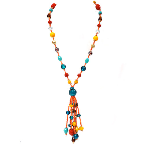Gold-Multi Swinging Tassels Indian Beaded Necklace