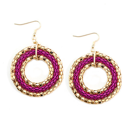 Fuchsia and Gold Metal Round Earrings