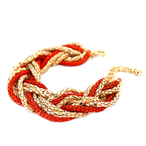 Coral and Gold Metal Weave Bracelet
