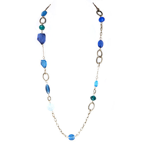 Blue and Green Mixed Beads Gold Long Necklace