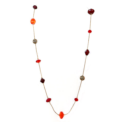 Red Mixed Beaded Gold Long Necklace