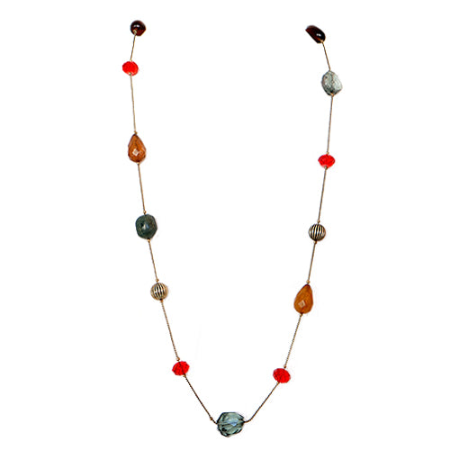 Brown Red and Green Beaded Mixed Gold Long Necklace