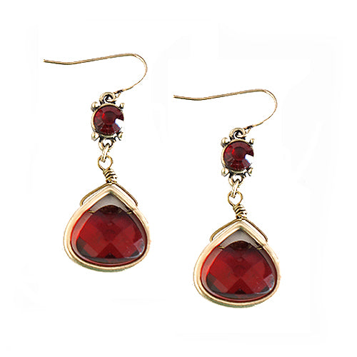 Gold Triangle with Red Mixed Bead Dangling Earrings 