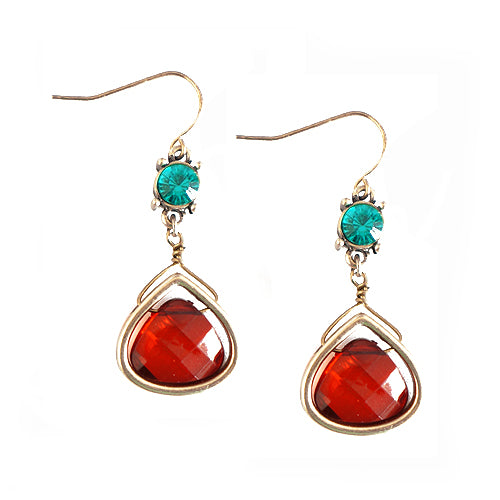 Gold Triangle with Red and Green Mixed Bead Dangling Earrings 