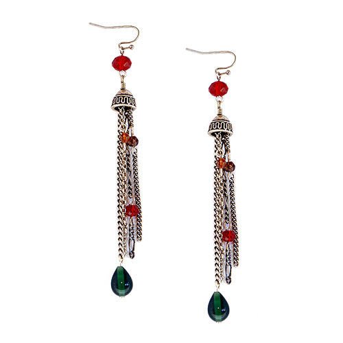 Red  Brown and Green Mixed Gold Chandelier Earrings