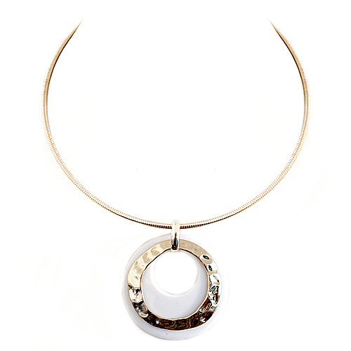 Hammered Gold and White Ring Double Pendant with Gold Choker Necklace