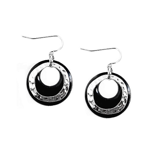 Hammered Silver and Black Ring Double Earrings