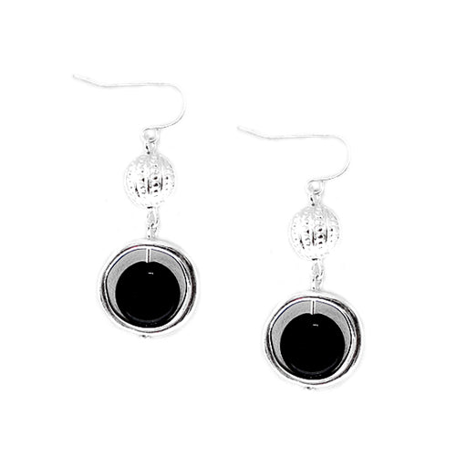 Black Round Bead with Silver Ball Dangle Earring
