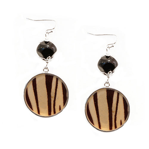 Animal Printed Round with Black Bead Silver Earrings