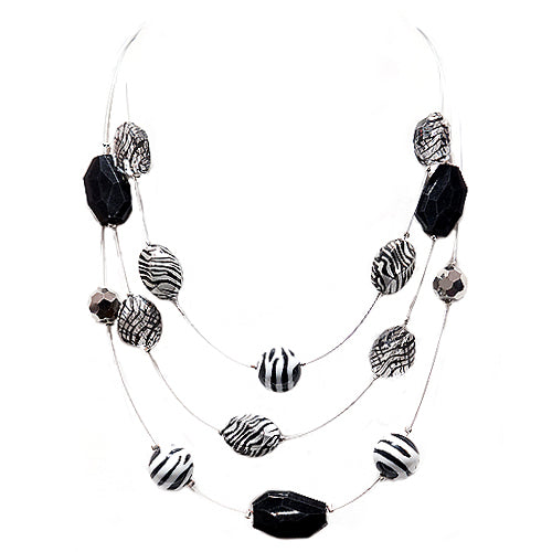 Black and White Striped Beads Three-Strand Silver Illusion Necklace