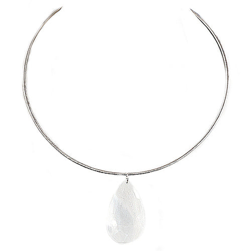 Oval Shape Clear Bead Pendant Silver Choker Necklace 