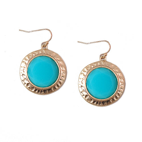 Turq Round Bead with Gold Hammered Pendant Earrings