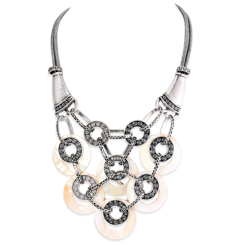 Mother of Pearl with Silver Coin Metal Bib Necklace 