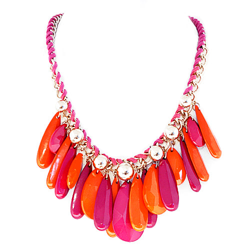 Coral and Fuchsia Mixed Beads with Silver Chain Pink Suede Twist Necklace 
